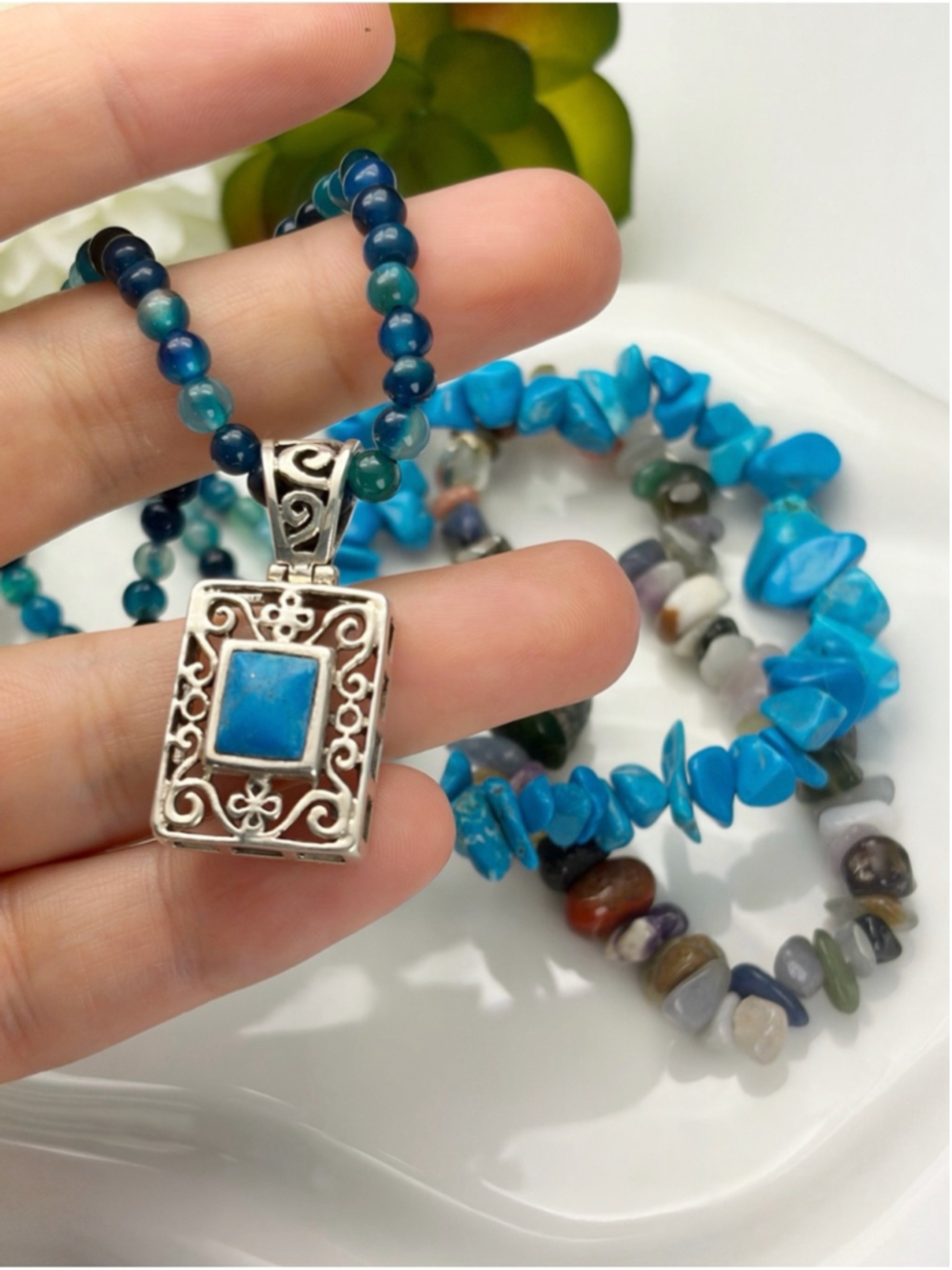Vintage Sterling Silver 925 Denim Lapis Lazuli Filigree Pendant Jewelry Set Lot
